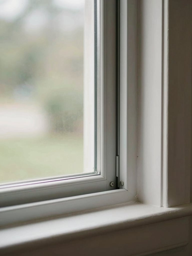 Interior view through an installed vinyl window in a residential room, sharp focus on the frame hardware and weatherstrip seal visible in the foreground, daylight entering from outside, clean drywall reveal around the frame