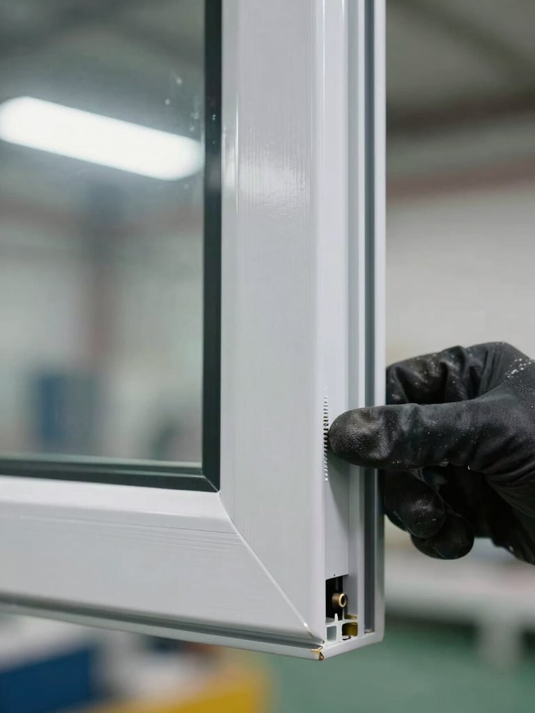 Extreme close-up of a vinyl window corner joint on a manufacturing floor, precision-machined frame profile visible, clean white vinyl grain texture under bright overhead industrial light, a gloved hand steadying the corner for quality inspection, sharp focus on the weld seam