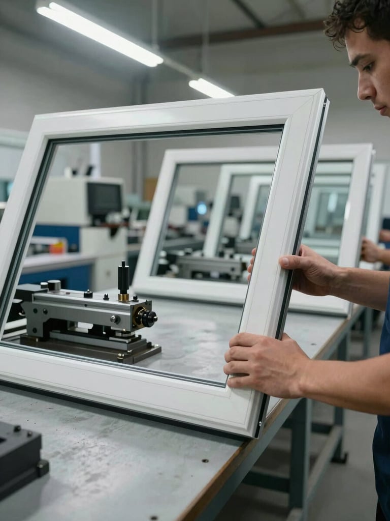 Wide interior shot of a vinyl window manufacturing floor, a technician's hands guiding a frame corner into a precision welding jig under bright overhead fluorescent light, machinery visible in the background, concrete floor and clean industrial space