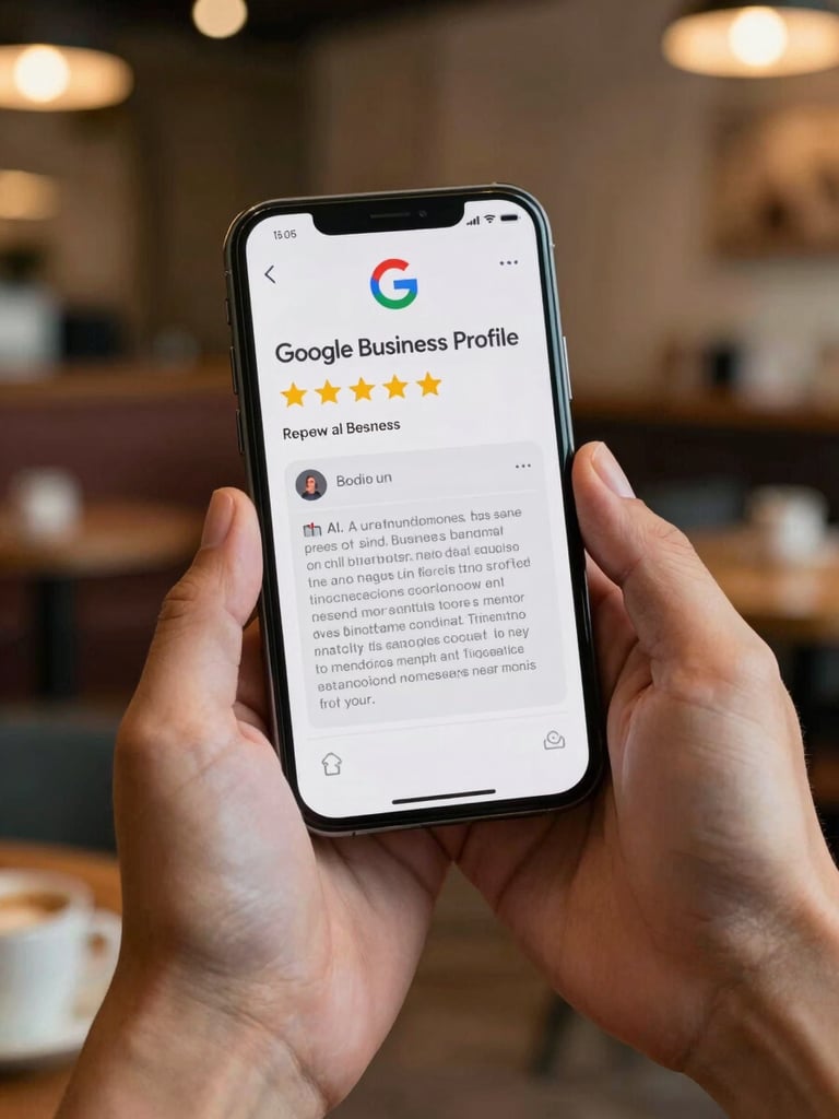 Hands holding a smartphone showing a Google Business Profile review notification with an AI-drafted response appearing below it, warm indoor salon lighting in background, screen sharp and readable, no blur, close-up framing on hands and screen