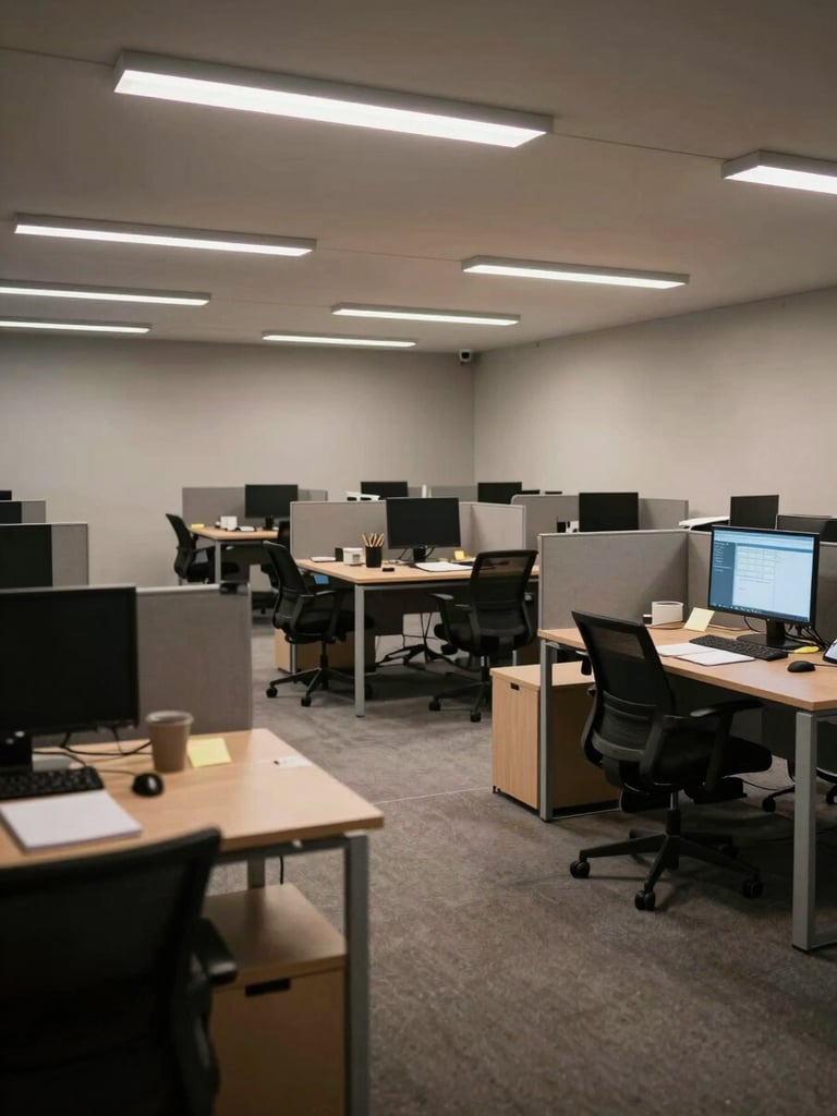Wide environmental shot: an empty open-plan office at off-hours, overhead fluorescent light casting hard shadows on rows of desks, a single monitor glowing with a dashboard in the far corner, notebooks and sticky notes visible on surfaces, no people present