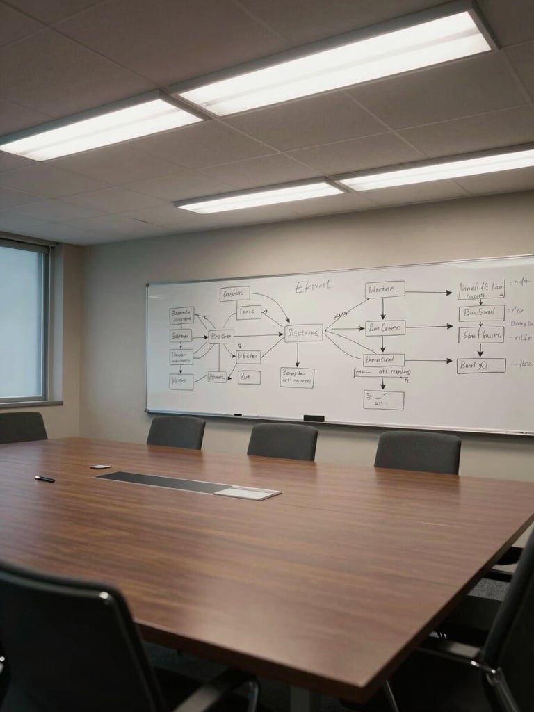 Wide shot of an empty conference room at off-hours, whiteboard covered in decision trees and arrows, overhead fluorescent lighting, remnants of a strategy session visible, shot from the far wall showing the full room depth