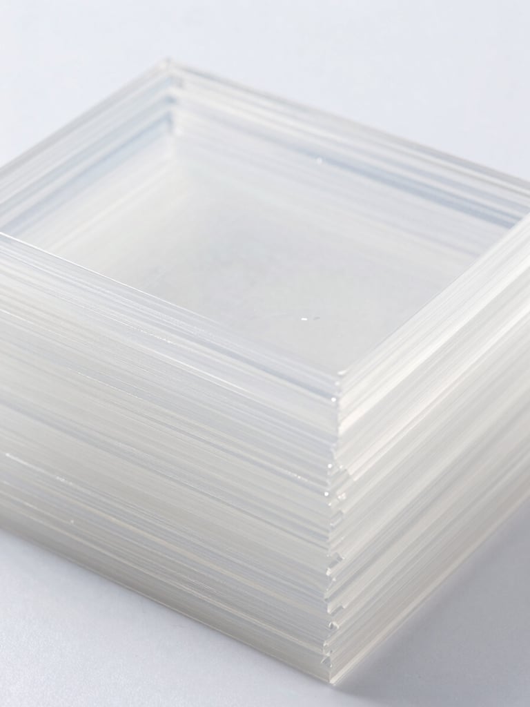 Macro shot of transparent, flawless PET preforms stacked neatly, catching bright studio light, highlighting their pure crystalline structure