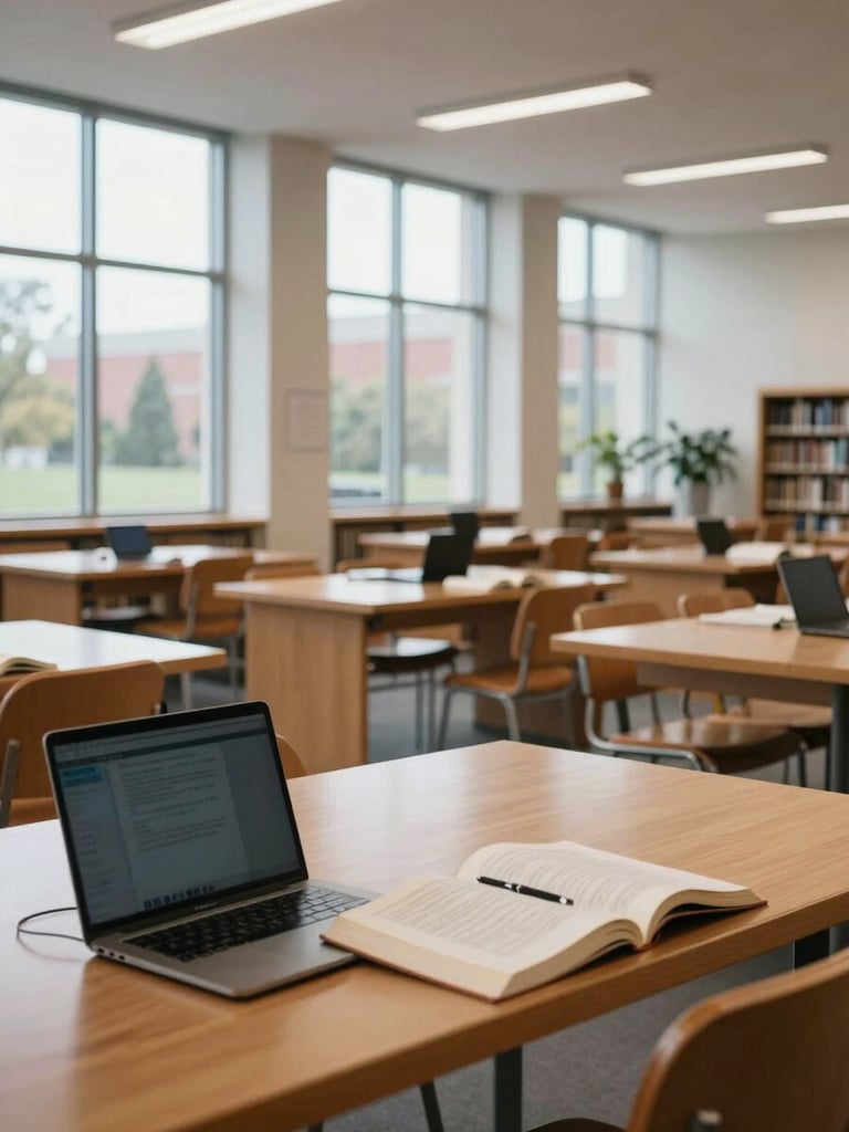 Wide shot of a university library reading room in flat daytime light, rows of wooden tables with open books and laptops, tall windows letting in north-facing daylight, no people in foreground, architectural calm, no staged emotion