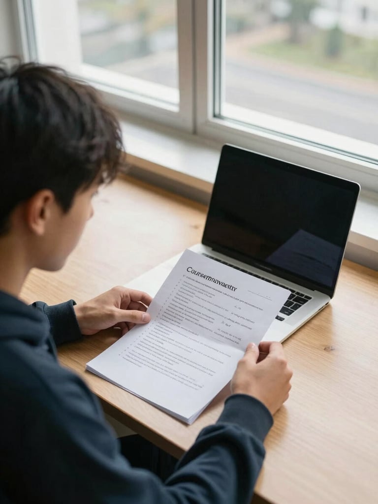 Medium shot from slightly above: a student seated at a wooden desk near a large north-facing window, reviewing a printed course pathway document with handwritten margin notes, a laptop open beside them, natural flat daylight across the desk surface, no shadows, calm focused atmosphere