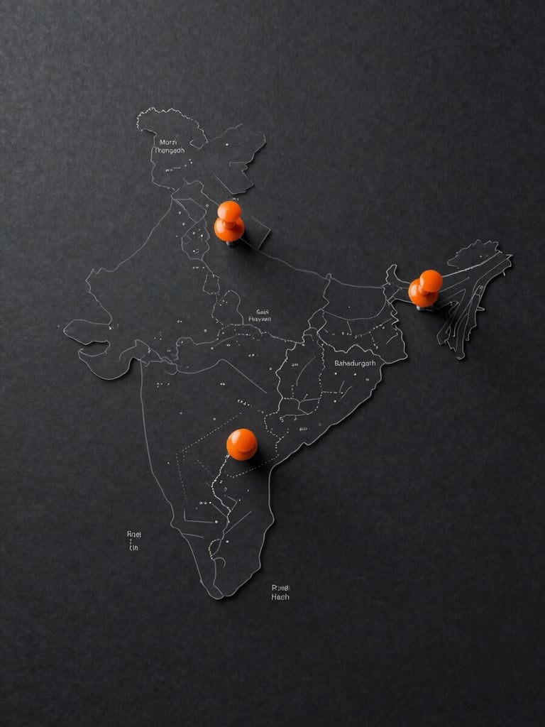 Overhead flat-lay map of India rendered as a clean industrial schematic on dark charcoal surface, three bright orange pin markers placed at Gujarat (Morbi/Thangadh region) and Haryana (Bahadurgarh region), minimal line-art style, no text labels visible, clinical studio lighting from above, wide landscape crop with generous right-side bleed