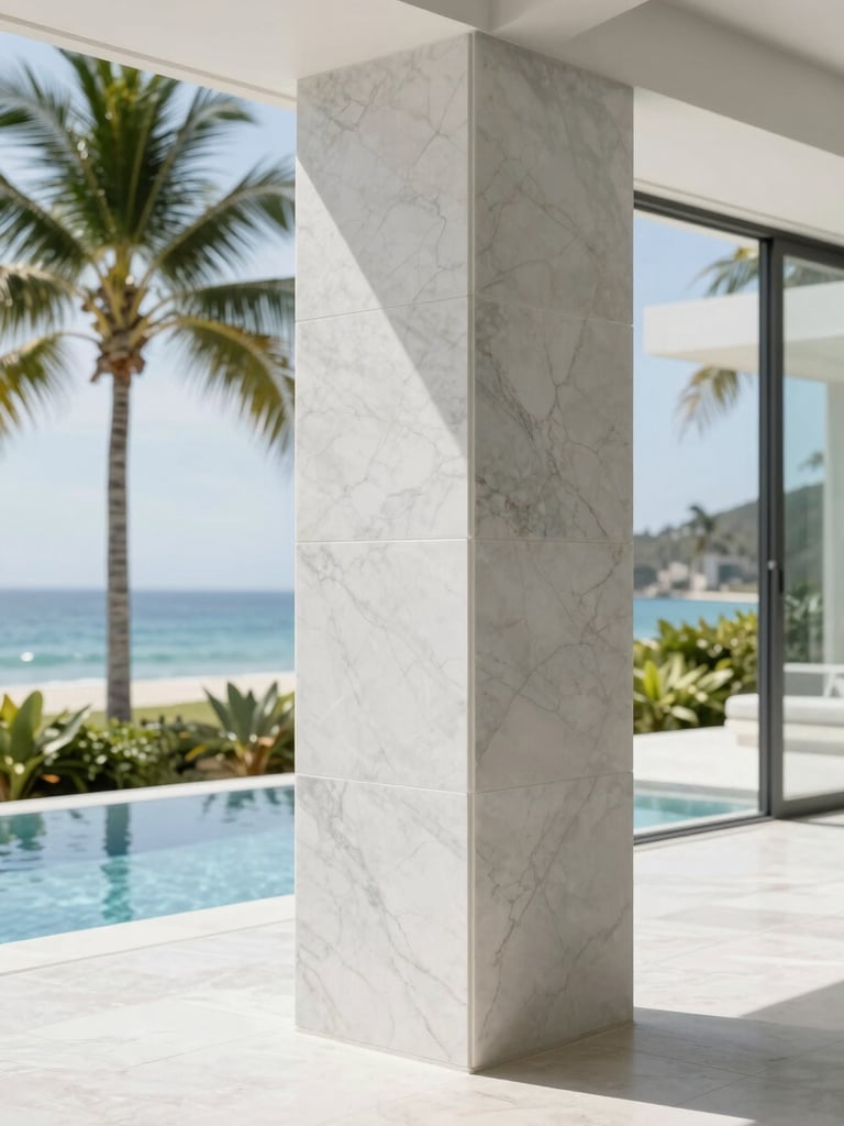 Detail crop of premium marble joints and custom carpentry inside a luxury coastal estate, bright natural tropical daylight, clean minimalist composition