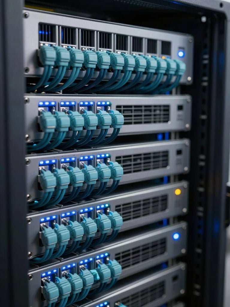 A close-up macro shot of clean, organized server racks with precise cyan cabling, illuminated by subtle blue LED indicator glows under cool technical lighting.