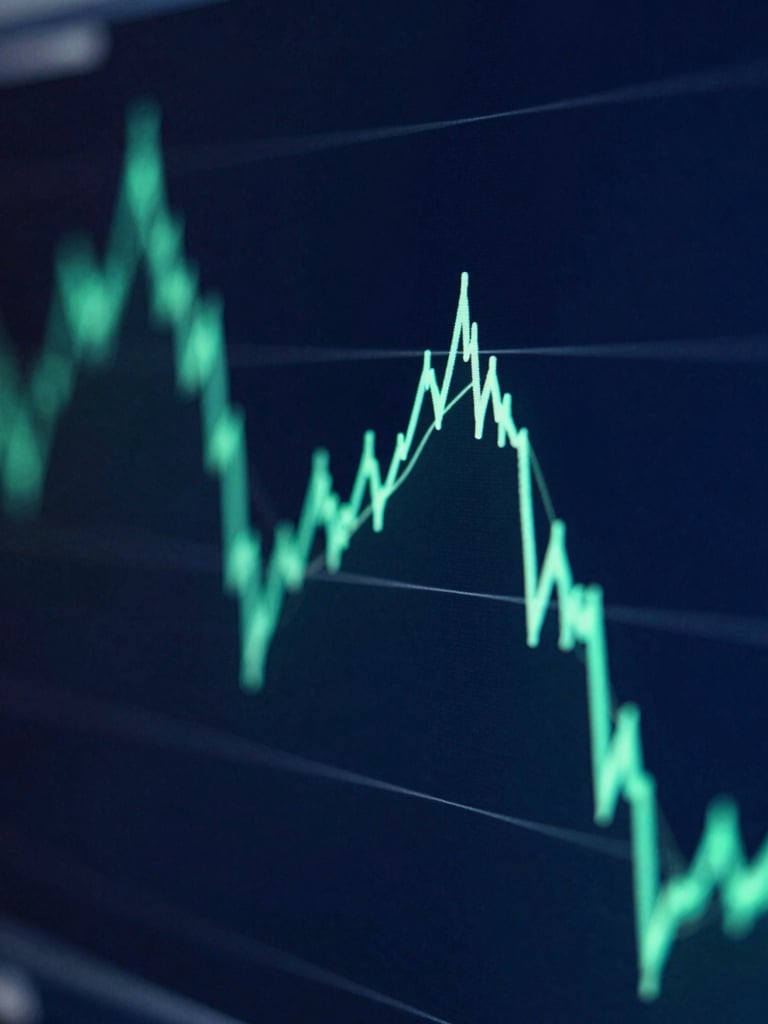 Macro shot of a digital financial chart with glowing emerald green lines and data points against a dark blue background, cool low-key ambient lighting, 35mm