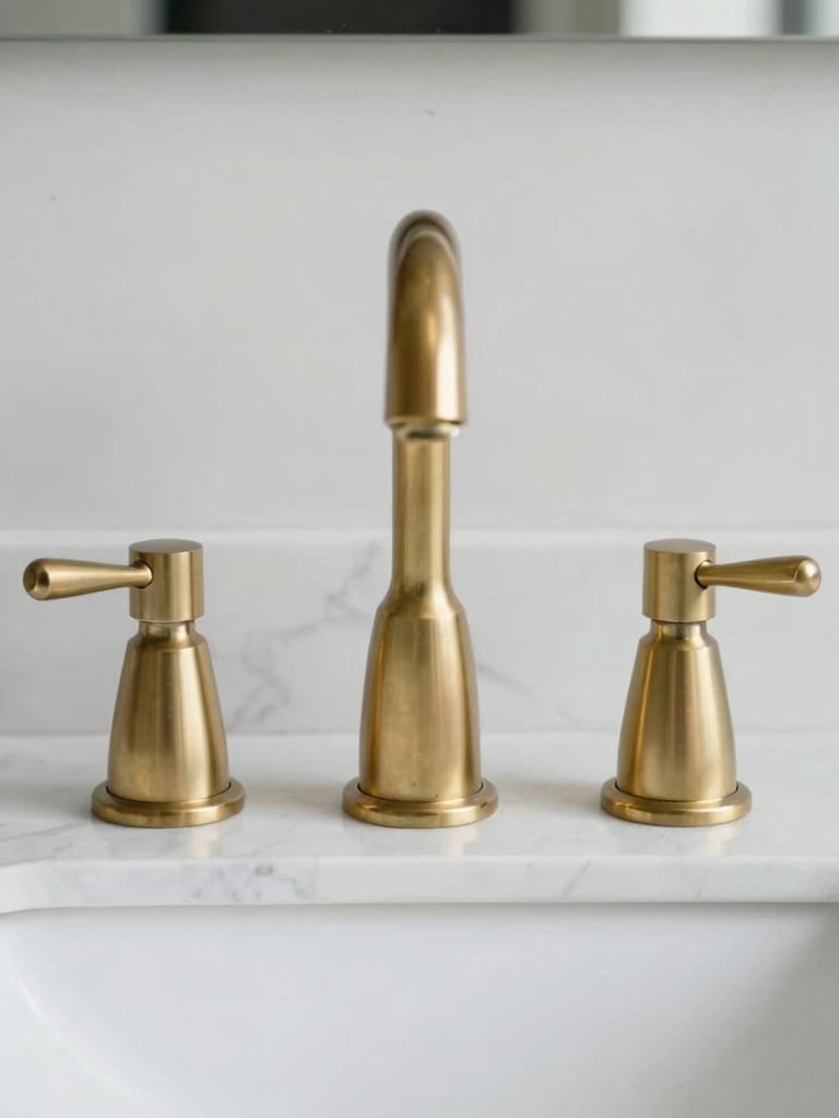 Symmetrical close-up of a polished brass faucet on a pristine white marble countertop, crisp natural side lighting, macro texture, clinical precision.