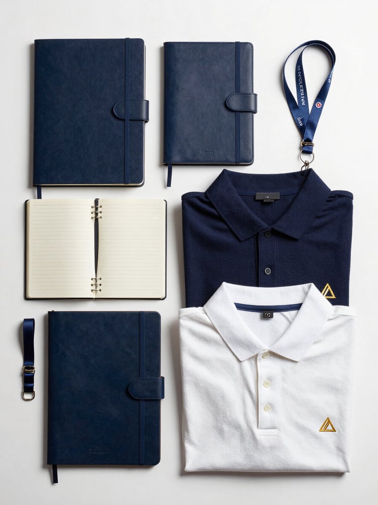 Tight overhead flat-lay of premium branded merchandise — foil-stamped notebooks, custom lanyards, and embroidered polo shirts arranged in a disciplined stack on a clean white surface, studio strobe lighting emphasizing material texture and finish quality