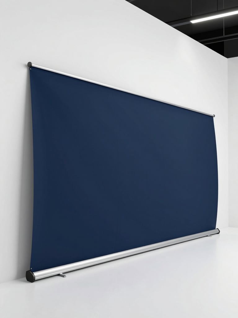 Tight panoramic left-side frame of a large-format rollup banner installed at a corporate exhibition booth interior, navy-branded graphics crisp against a clean white venue wall, controlled studio strobe lighting emphasizing material flatness and print precision, left edge of banner bleeding to canvas boundary