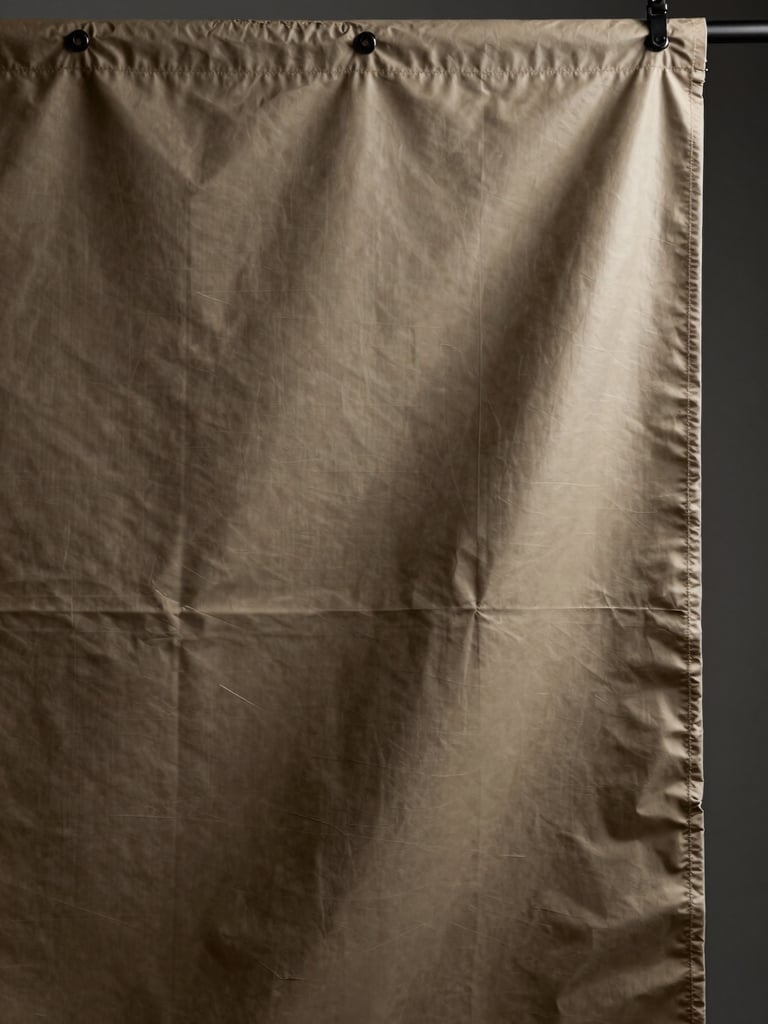 Tight portrait shot of a large-format banner surface detail showing laminasi gloss finish and eyelet hardware at the top hem, studio strobe sidelight raking across material surface to reveal texture depth and print sharpness, right edge bleeding to canvas boundary
