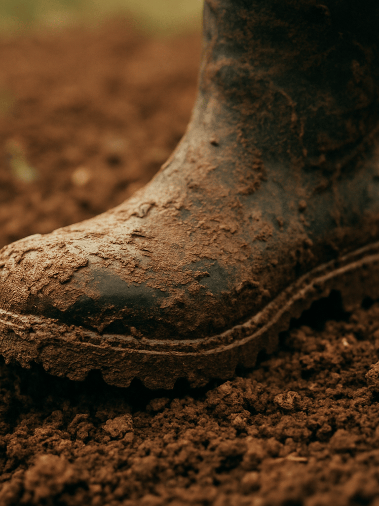 A muddy boot stepping onto fertile farm soil, close-up, warm natural daylight, rich forest green tones, 35mm photography