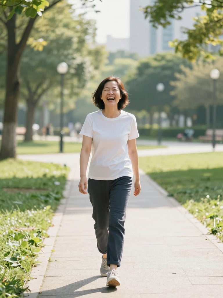 Active adult laughing during an outdoor morning walk in a sunlit park, bright natural daylight, candid 35mm photography