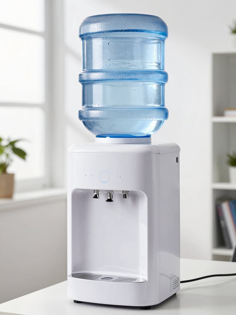 Bright eye-level shot of a modern office water dispenser setup in Islamabad, clean natural daylight, professional environment.