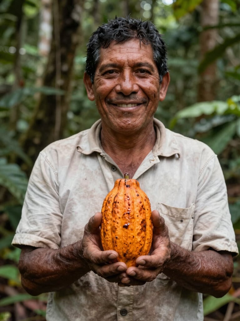 A close-up portrait of a smiling Colombian cacao farmer in Caracolí, holding a freshly harvested orange cacao pod, soft natural jungle light, authentic documentary style.