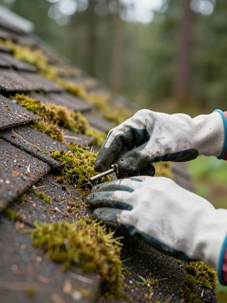 Close-up of hands in protective work gloves carefully scraping moss from a dark roof shingle, soft natural light, sharp focus on texture