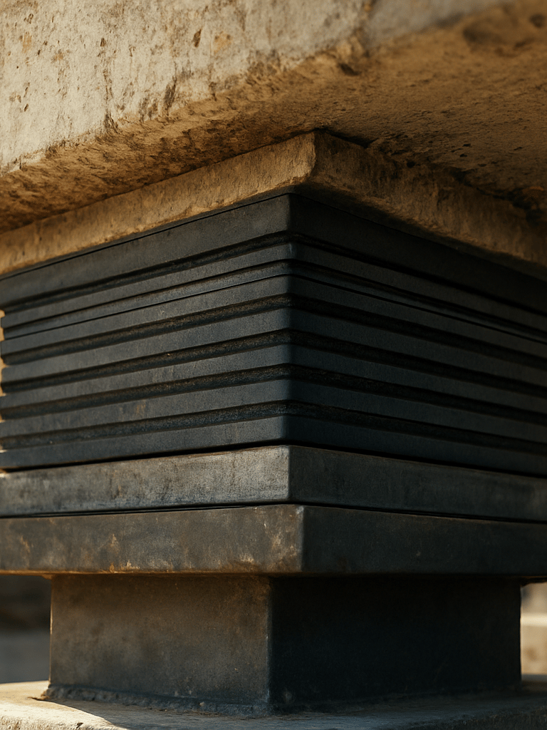 Extreme close-up from below a concrete bridge deck, a laminated neoprene elastomeric bearing pad installed in position between steel plate and concrete beam, harsh construction-site daylight raking across the bearing surface revealing the alternating rubber and steel laminate layers, structural load visibly compressing the pad, raw concrete and rebar in background