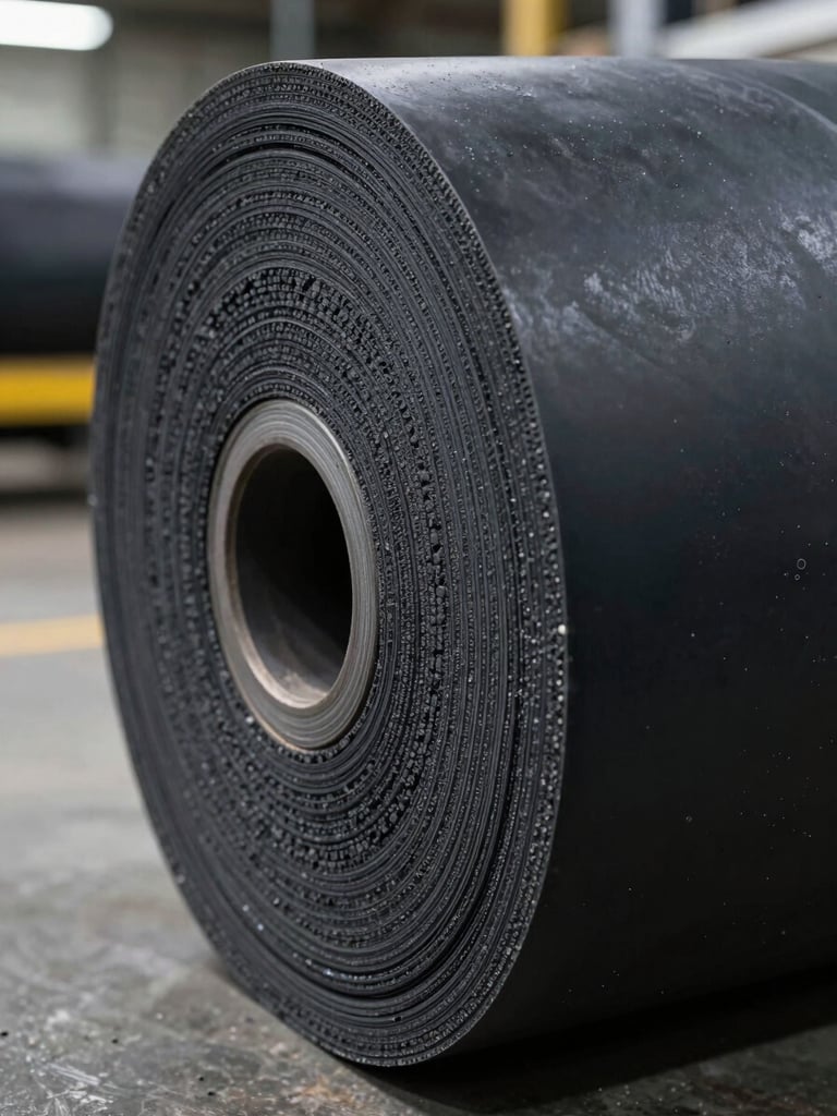 Extreme close-up of a freshly cut neoprene compound cross-section on a production floor, harsh overhead factory lighting revealing the dense black rubber matrix, fine layered texture and precise cut edge fully sharp, industrial floor visible out of focus in background