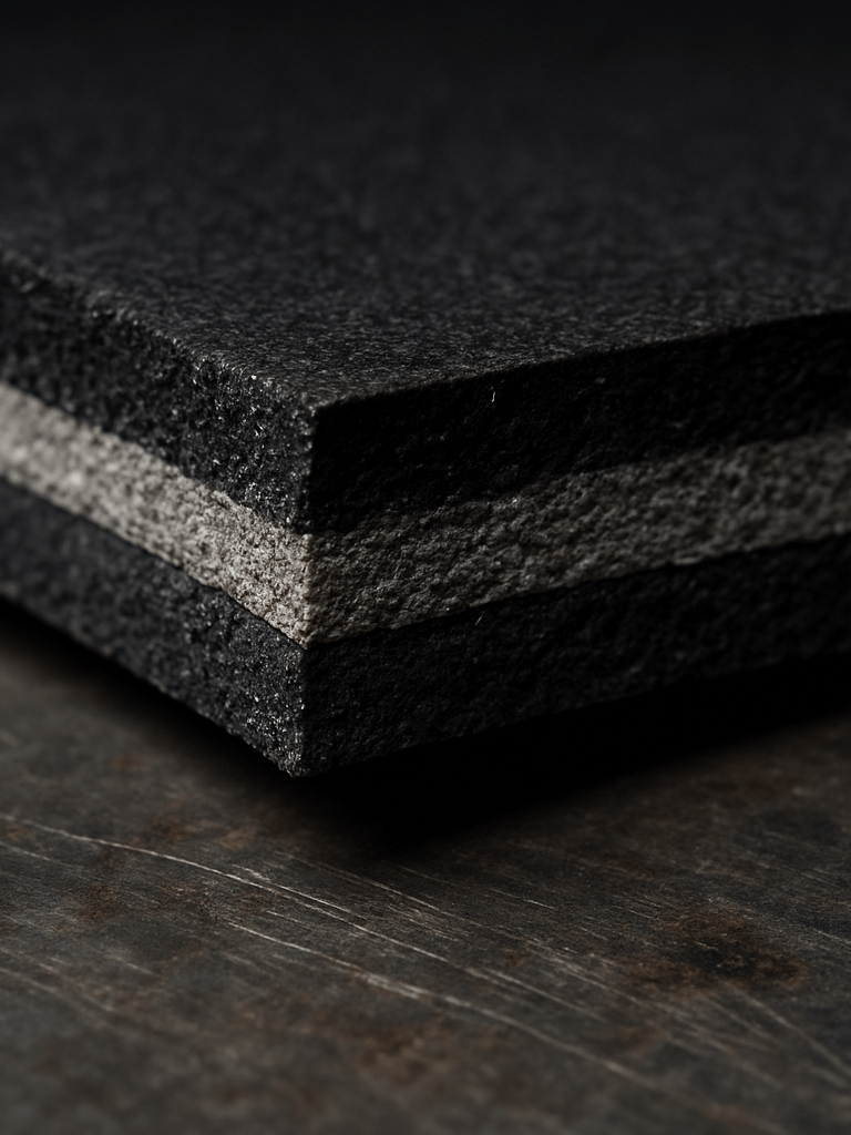 Extreme close-up of a cut neoprene sheet cross-section laid on a steel workshop surface, harsh overhead industrial lighting revealing layered black and grey material strata, texture and density visible in sharp detail, no packaging or labeling in frame