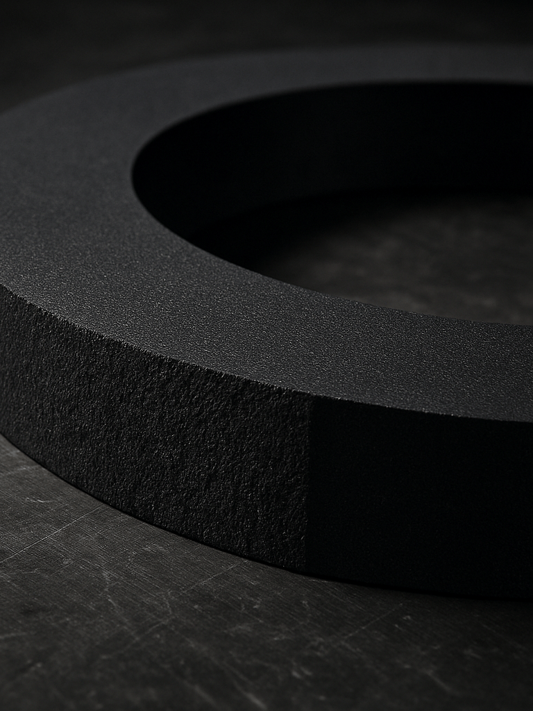 Close-up panoramic of a freshly cut EPDM gasket ring lying flat on a steel workbench, the cut edge revealing dense black rubber cross-section with visible material uniformity, harsh overhead site lighting, framed tightly so the cut face fills the left edge of the frame with dark metal surface behind