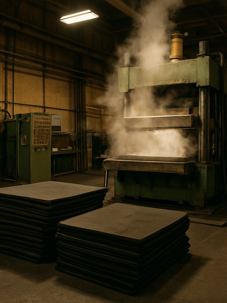 Wide environmental shot of an industrial rubber production floor in Lima, a vulcanization press mid-cycle with steam escaping at the parting line, harsh tungsten overhead lighting casting hard shadows on machined steel platens, raw neoprene slabs stacked in the foreground