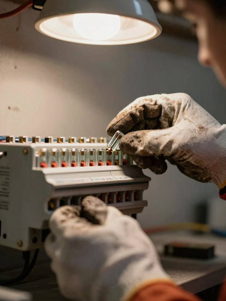 Close-up of an electrician's gloved hands inspecting a fuse box with old glass fuses, warm basement work light overhead, corroded metal contacts visible, shallow focus on the fuse row, muted gray background of unfinished wall