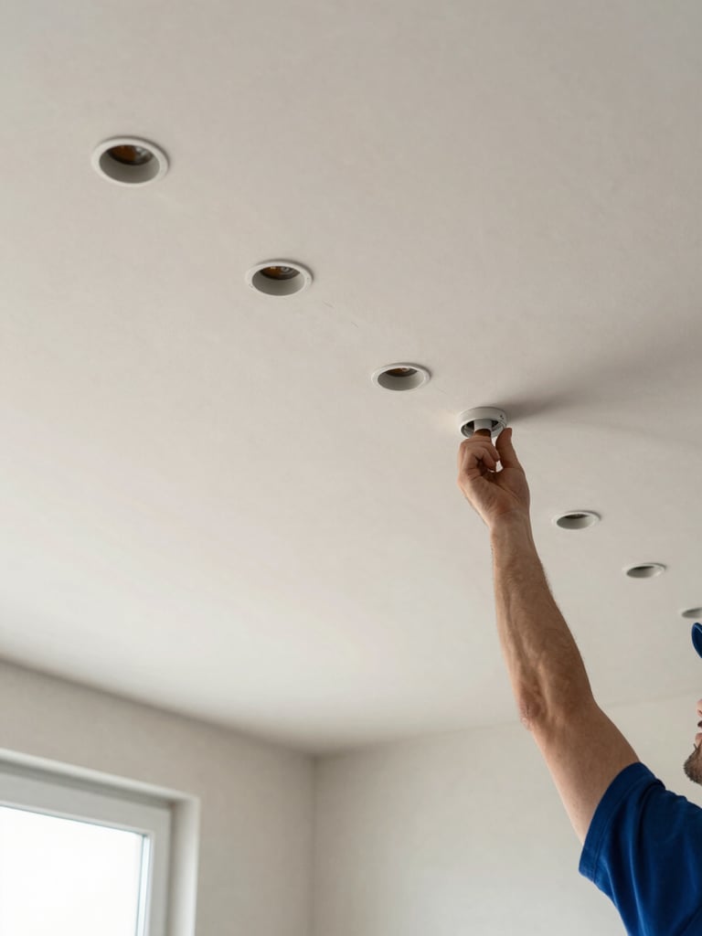 Overhead view of a residential kitchen ceiling mid-renovation, a row of recessed pot lights evenly spaced in fresh drywall, an electrician's hand reaching up to secure a fixture trim ring, bright natural daylight