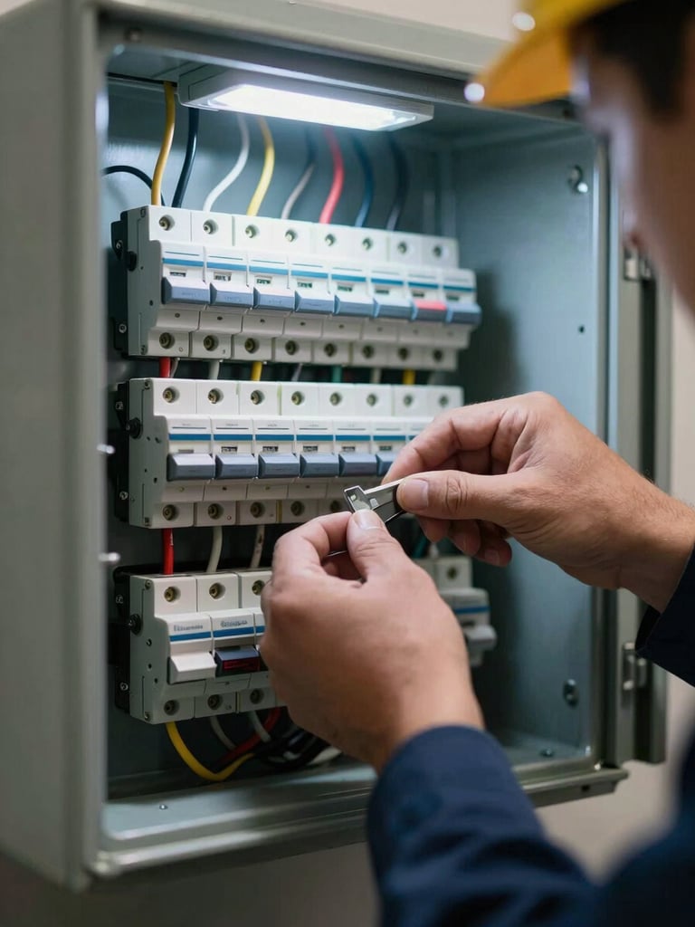 Close-up of a licensed electrician's hands securing breaker wires inside an open residential panel box, bright LED work light illuminating the interior, clean wiring visible in organized rows, dark charcoal panel casing