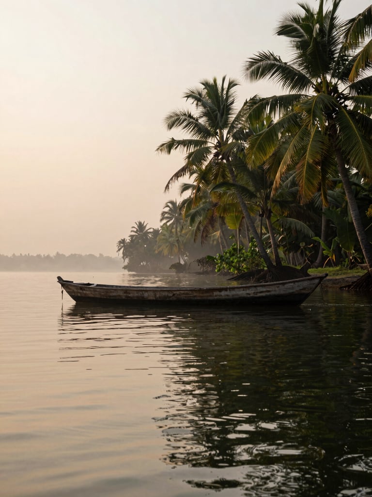 Wide portrait frame, left-bleed — backwaters at first light, a single wooden boat resting still on glassy water, its hull dark against the pale gold reflection of early morning sky, dense coconut palms receding softly into mist along the right edge, no human figures, no motion, quiet and specific to place