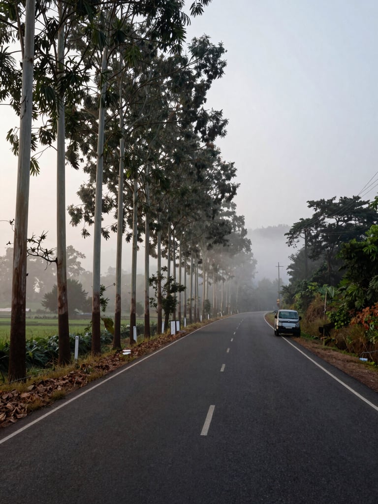 Wide environmental shot of a quiet Kerala hill-station road at soft overcast dawn, a single vehicle resting on the verge in the far right, mist sitting low between eucalyptus trees on the left, road receding into the frame, unhurried and specific to place