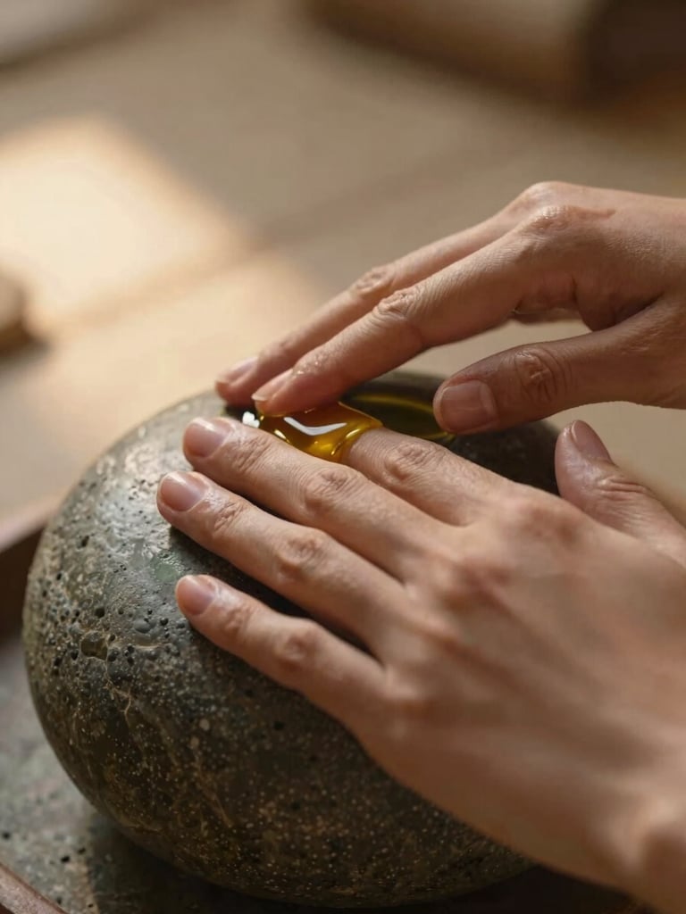 Extreme close-up of hands pressing warm oil into temple stone during an Ayurvedic preparation ritual, golden-hour light entering from the left, shallow depth of field, texture of stone and skin equally present, mood contemplative and specific