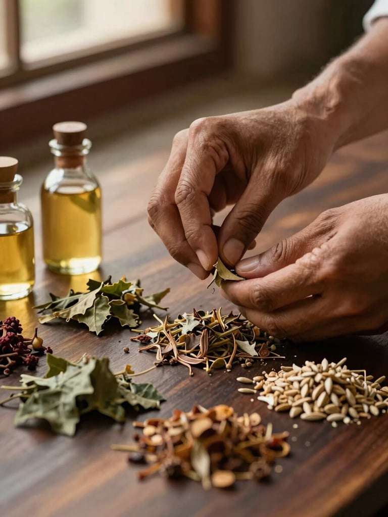 Extreme close-up of an Ayurvedic practitioner's hands arranging dried herbs and warm oil vessels on a dark wood surface, soft golden window light falling across the arrangement from the upper left, individual textures of leaf and seed visible, no face, no eye contact, still and specific