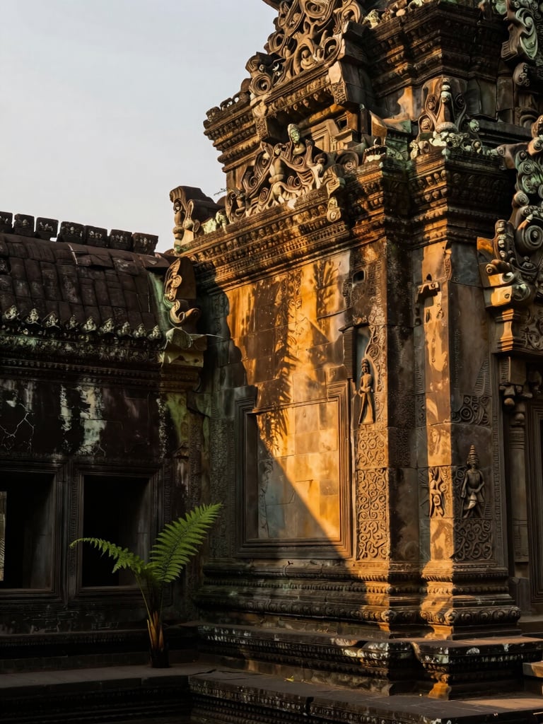 Landscape frame, right-bleed — close detail of morning light falling across ancient temple stone, the carved surface warm amber and deep shadow, a single green fern growing from a crevice at the lower left corner, no figures, soft overcast diffusion above the golden streak, stillness and geological specificity