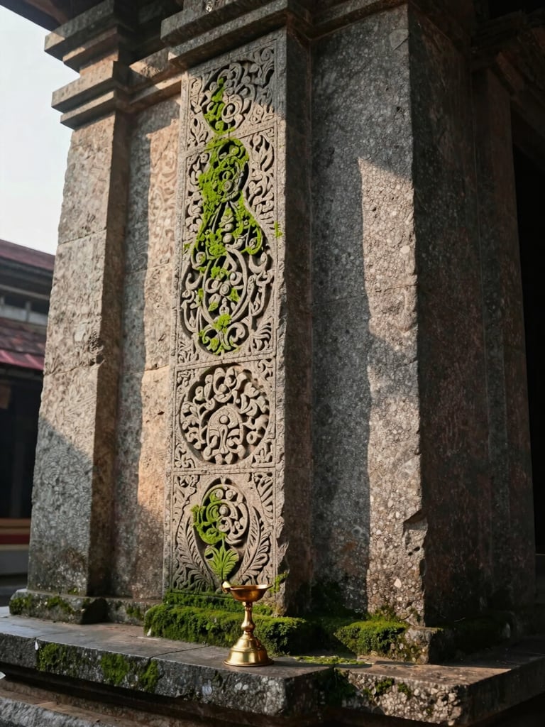 Tall portrait — close view of morning light falling across the carved stone surface of a Kerala temple wall, a single brass oil lamp placed at the base, soft overcast glow diffusing from the left, botanical moss detail visible in the stone joints, no people, contemplative stillness