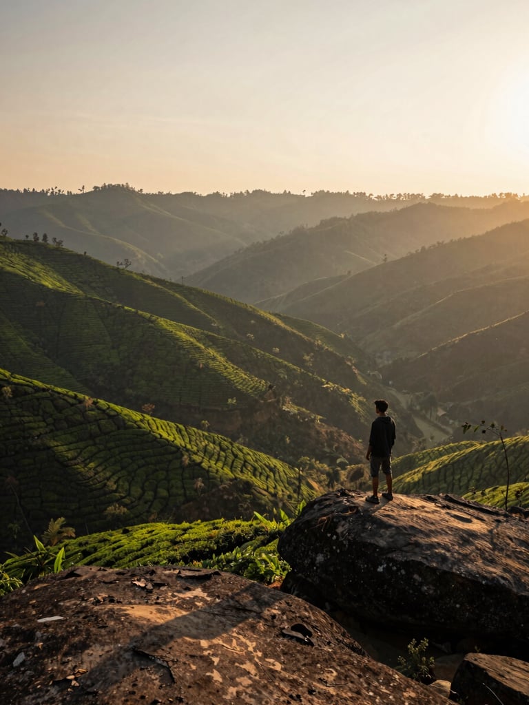 Wide environmental panorama of a Kerala high-range valley at golden hour, a solitary figure standing on a rocky ridge in the right third looking out over layered tea-estate hills, long shadows stretching left, sky warm and low, mood unhurried and vast