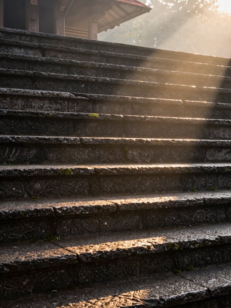 Tall portrait framing of early morning light falling across ancient temple stone steps in Kerala, a single shaft of golden-hour sunlight cutting diagonally across carved granite surface, soft mist in the upper background, extreme close detail on the stone texture and moss, no people present, contemplative and unhurried