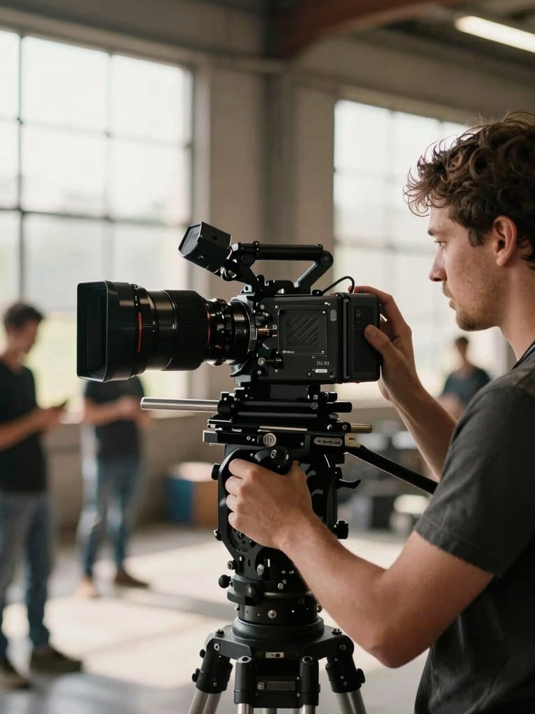 Behind-the-scenes on-location shoot, camera operator adjusting a cinema lens on a shoulder rig, warm natural daylight streaming through a warehouse window, production crew visible in soft background focus