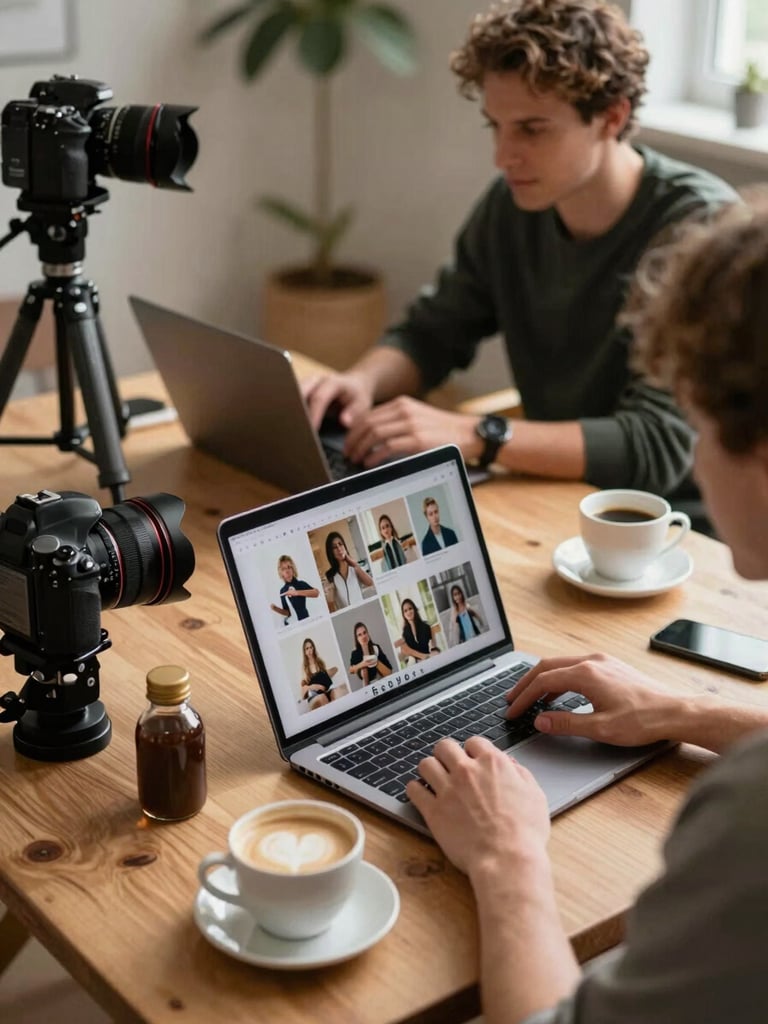 Achter de schermen bij Pomodoro: een camera op statief boven een houten tafel met verse ingrediënten, een teamlid bekijkt een moodboard op een laptop met een kop koffie.