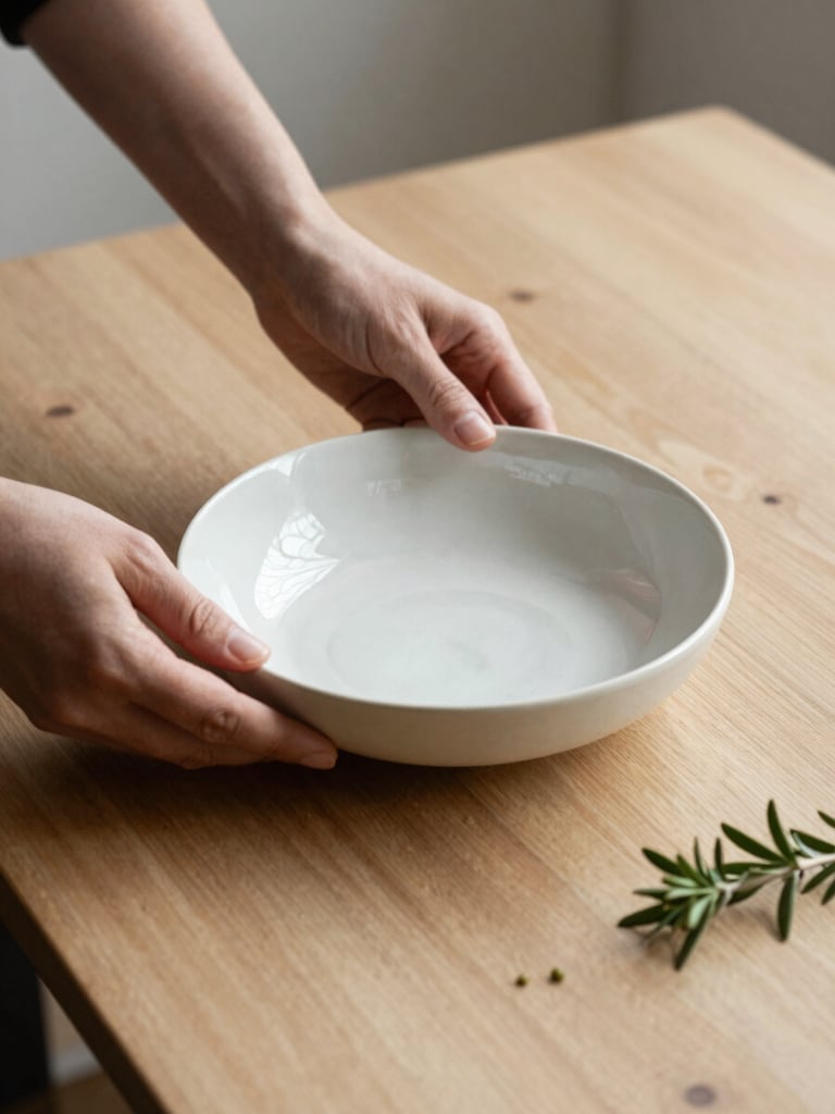 Sfeervol portret van een fotograaf die een handgemaakte keramische schaal met verse kruiden stileert, zacht natuurlijk daglicht van opzij, minimalistische houten tafel.