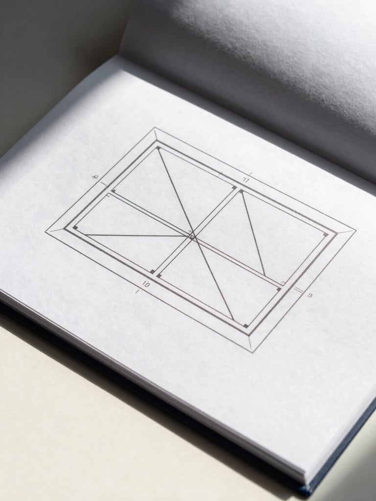 Extreme close-up overhead view of a clean document folder open on a cream surface, single sharp geometric road-line diagram printed on white paper, deep shadow cast from left, minimalist studio lighting, high contrast, no people