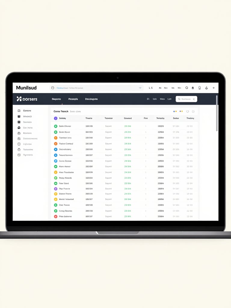 Full-screen view of a web application dashboard — data tables and navigation components sharp against a light background, photographed straight-on under even daylight, no device frame