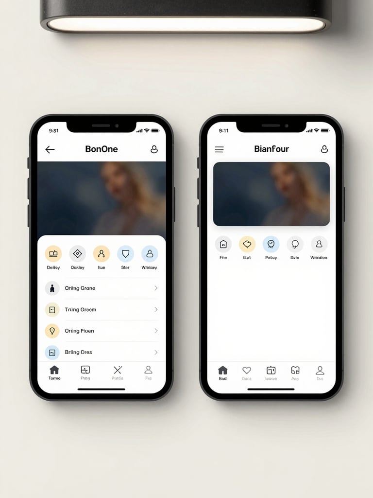 Mobile app screens laid out flat — two interface states side by side on a neutral off-white surface, clean overhead studio light, typography and UI controls sharply in focus, no hands or people