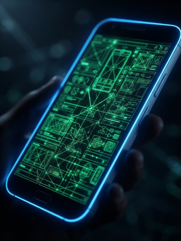 Macro shot of a sleek physical Android device displaying a vibrant neon green UI wireframe, dramatic electric blue edge-lighting, shallow depth of field