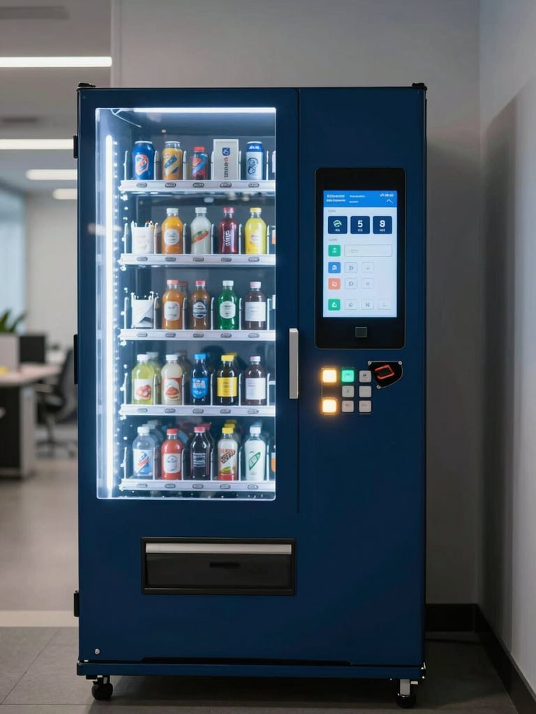 Tight frontal shot of a modern vending machine interface panel, illuminated selection buttons and touchscreen in a clean office hallway, studio strobe lighting picking out product rows behind glass, deep blue ambient glow