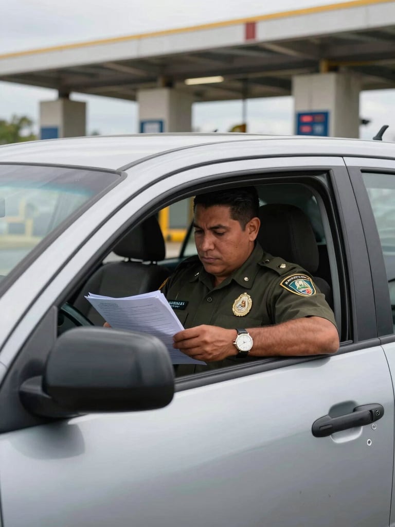 Close medium shot from outside a vehicle stopped at a Mexican customs checkpoint — a uniformed officer reviewing documents through the driver's window, concrete inspection booths visible in background, overcast midday light, authentic documentary framing