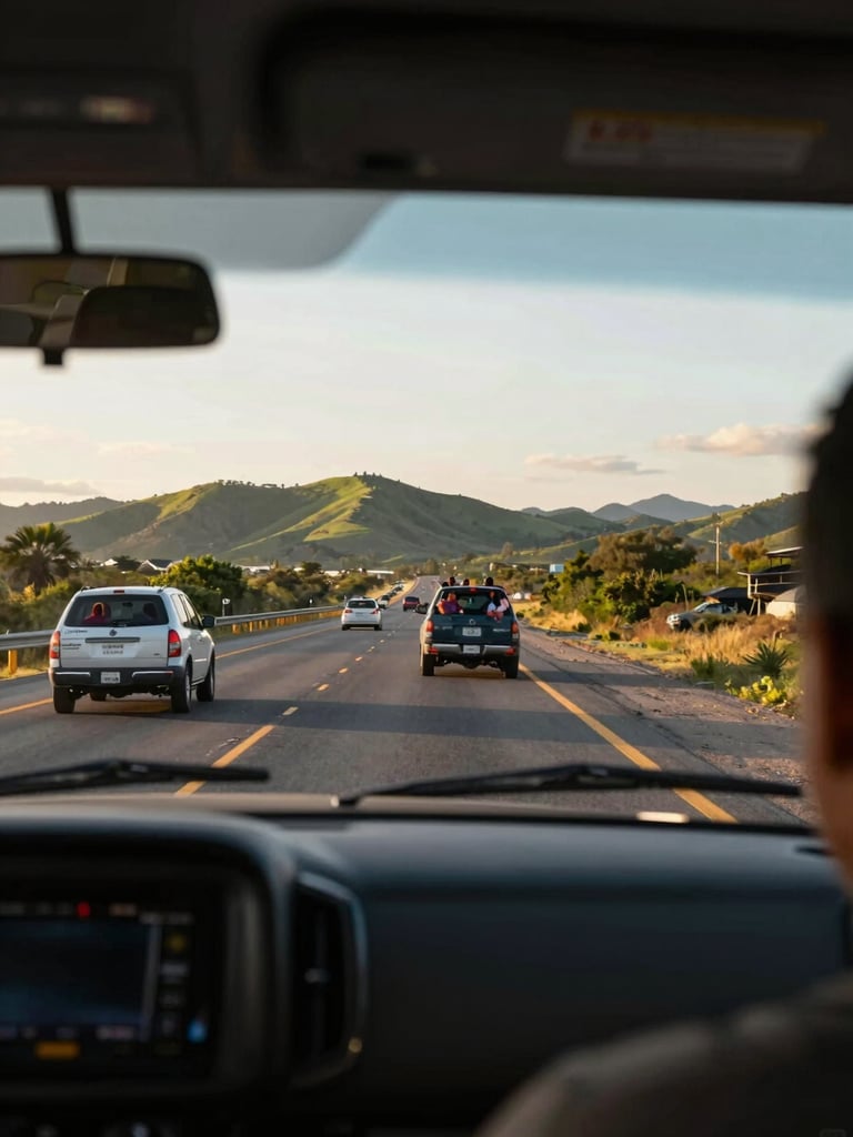 Wide shot from vehicle interior looking out at a Mexican federal highway at golden hour, open lanes ahead, green hills in distance, families visible in adjacent vehicle