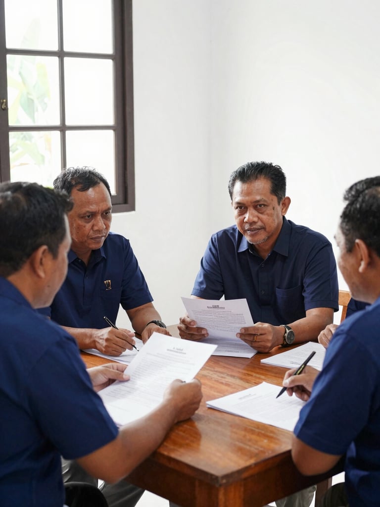 Candid unposed portrait of Indonesian community leaders sitting around a wooden table, discussing policy documents, natural window light, authentic editorial style.