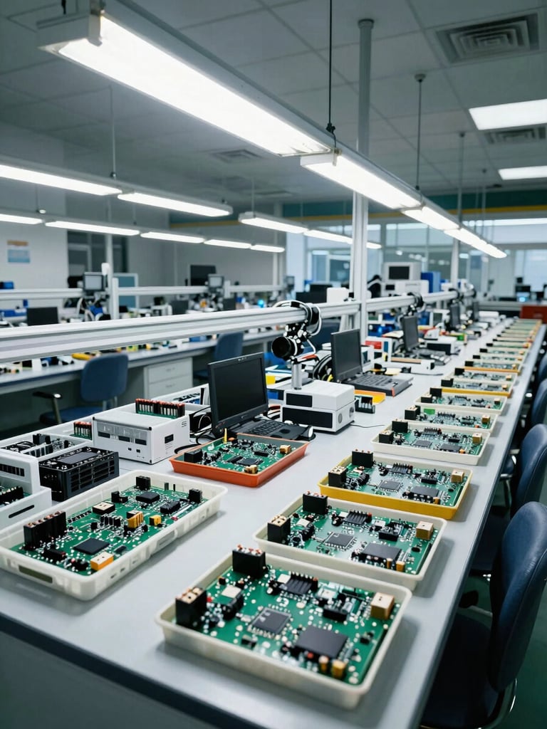 Wide overhead view of a clean organized electronics production floor, rows of assembly stations under bright fluorescent overhead lighting, completed router boards staged in labeled trays, no workers present, industrial documentary framing